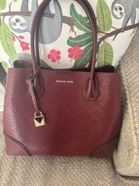Michael Kors Wine Red  burgundy Leather Tote with Gold Accent